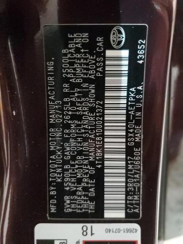 4T1BK1EB1DU021372 - 2013 TOYOTA AVALON BASE 勃艮第红 照片 12