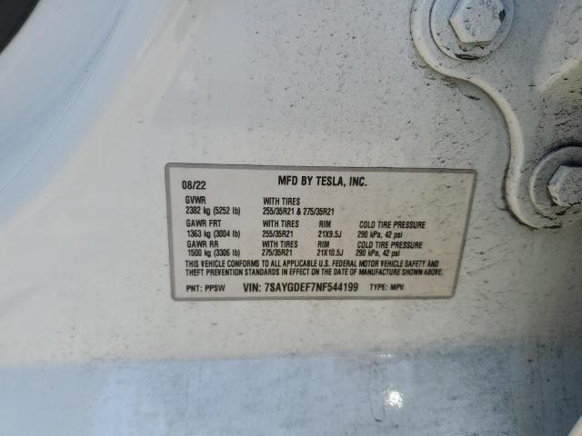 7SAYGDEF7NF544199 - 2022 TESLA MODEL Y 白色 照片 12