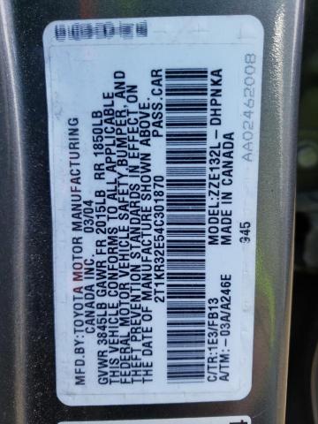 2T1KR32E54C301870 - 2004 TOYOTA COROLLA MA XR GRAY photo 12