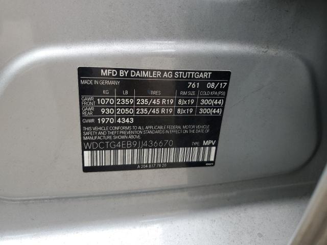 WDCTG4EB9JJ436670 - 2018 MERCEDES-BENZ GLA 250 SILVER photo 12