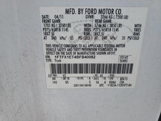 1FTFX1ET4BFB40082 - 2011 FORD F150 SUPER WHITE photo 10