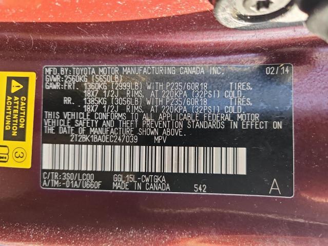 2T2BK1BA0EC247039 - 2014 LEXUS RX 350 BASE BURGUNDY photo 14