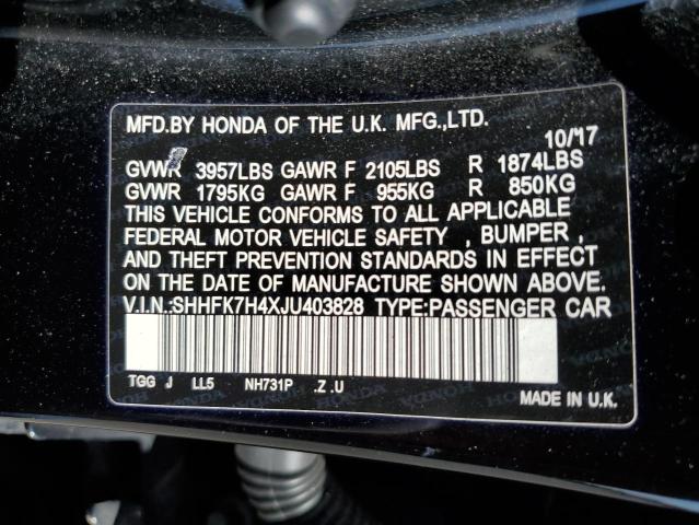 SHHFK7H4XJU403828 - 2018 HONDA CIVIC SPORT შავი ფოტო 12