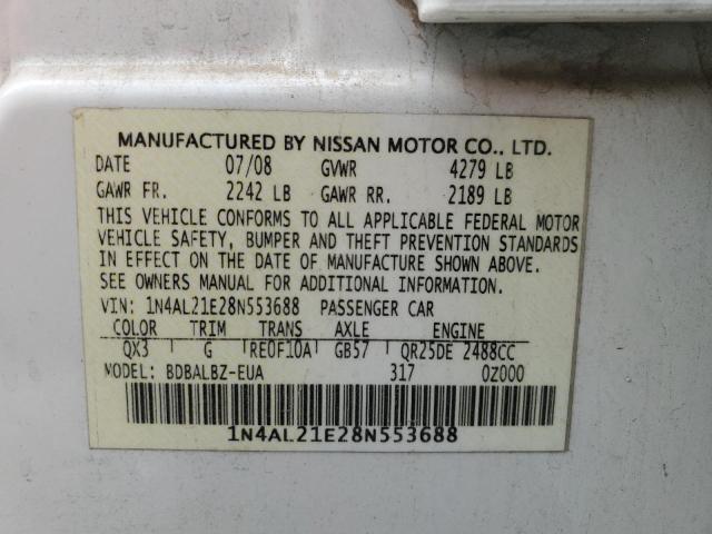 1N4AL21E28N553688 - 2008 NISSAN ALTIMA 2.5 WHITE photo 12