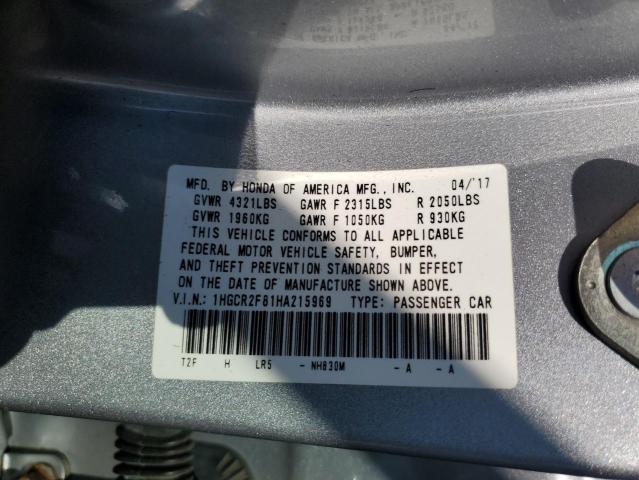1HGCR2F81HA215969 - 2017 HONDA ACCORD EXL SILVER photo 12