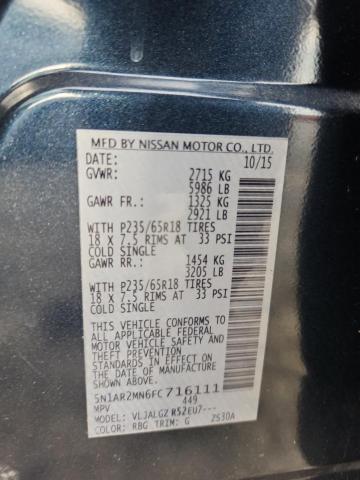 5N1AR2MN6FC716111 - 2015 NISSAN PATHFINDER S BLUE photo 12