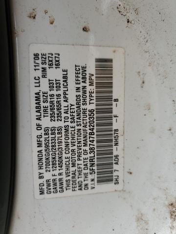 5FNRL38747B420356 - 2007 HONDA ODYSSEY EXL WHITE photo 14