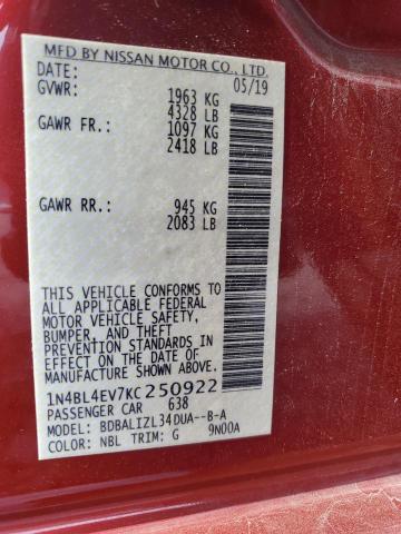 1N4BL4EV7KC250922 - 2019 NISSAN ALTIMA SL წითელი ფოტო 12