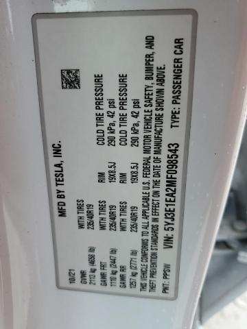 5YJ3E1EA2MF098543 - 2021 TESLA MODEL 3 WHITE photo 12