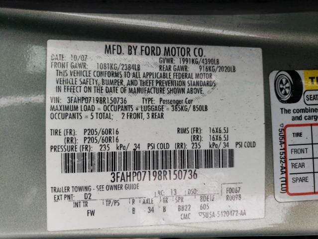 3FAHP07198R150736 - 2008 FORD FUSION SE TEAL photo 12