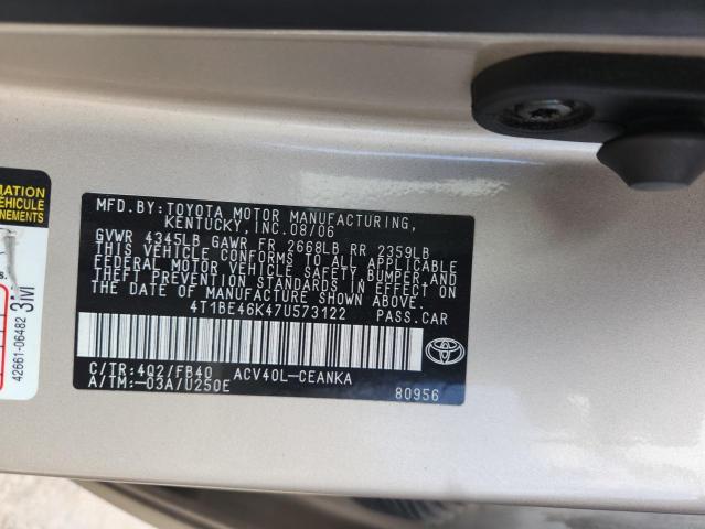 4T1BE46K47U573122 - 2007 TOYOTA CAMRY CE GOLD photo 12