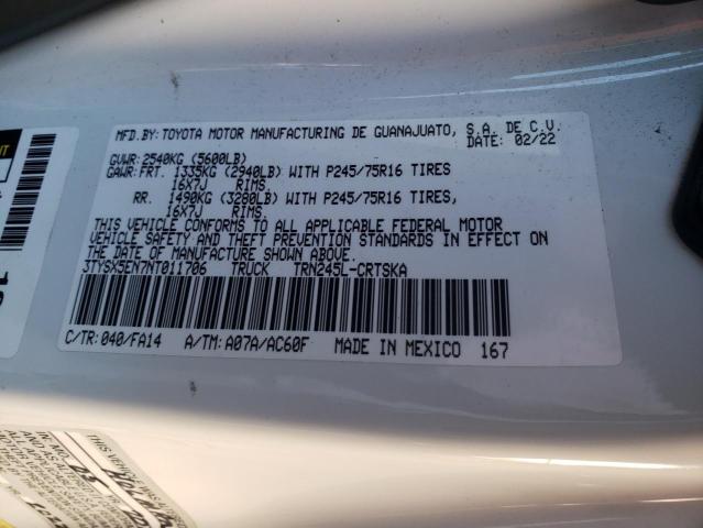 3TYSX5EN7NT011706 - 2022 TOYOTA TACOMA ACCESS CAB თეთრი ფოტო 12