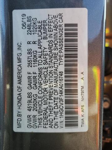 1HGCV3F14KA016748 - 2019 HONDA ACCORD HYBRID GRAY photo 13