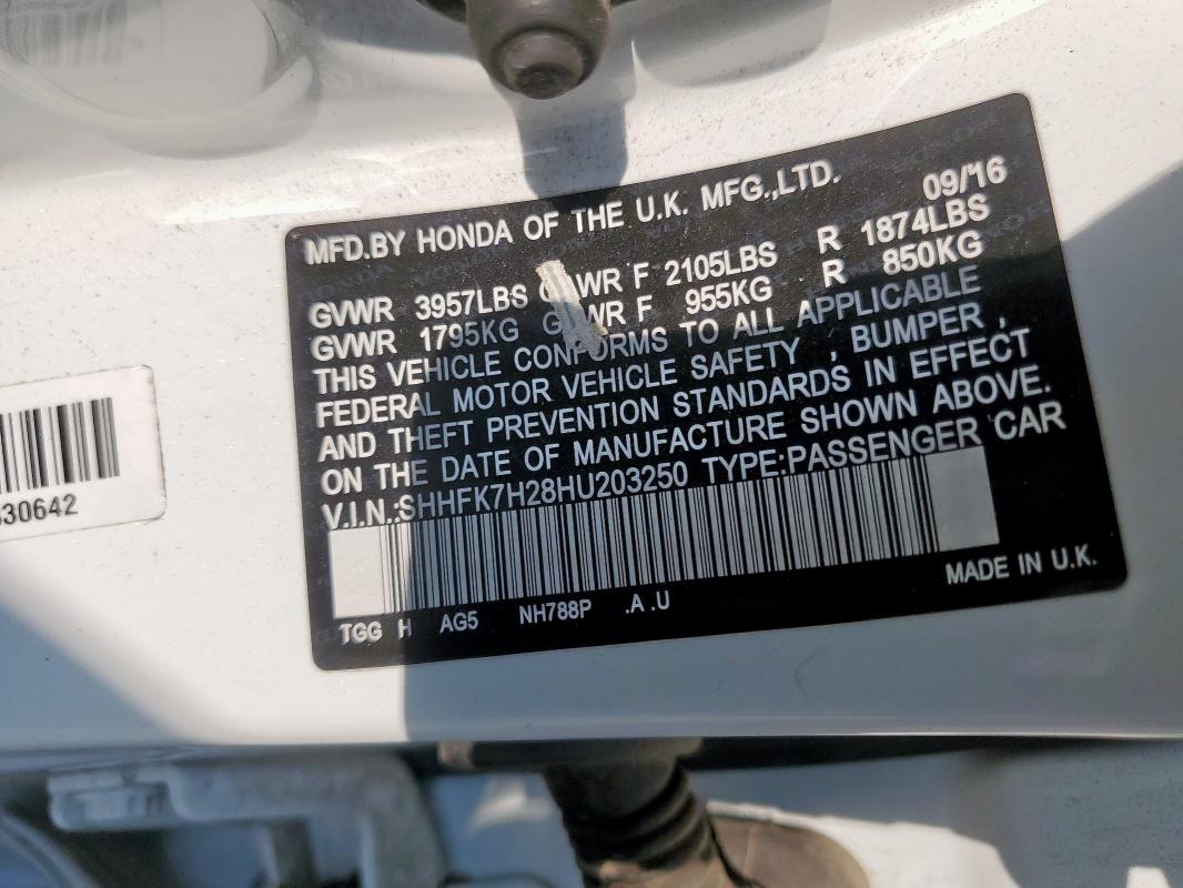 SHHFK7H28HU203250 - 2017 HONDA CIVIC LX WHITE photo 12