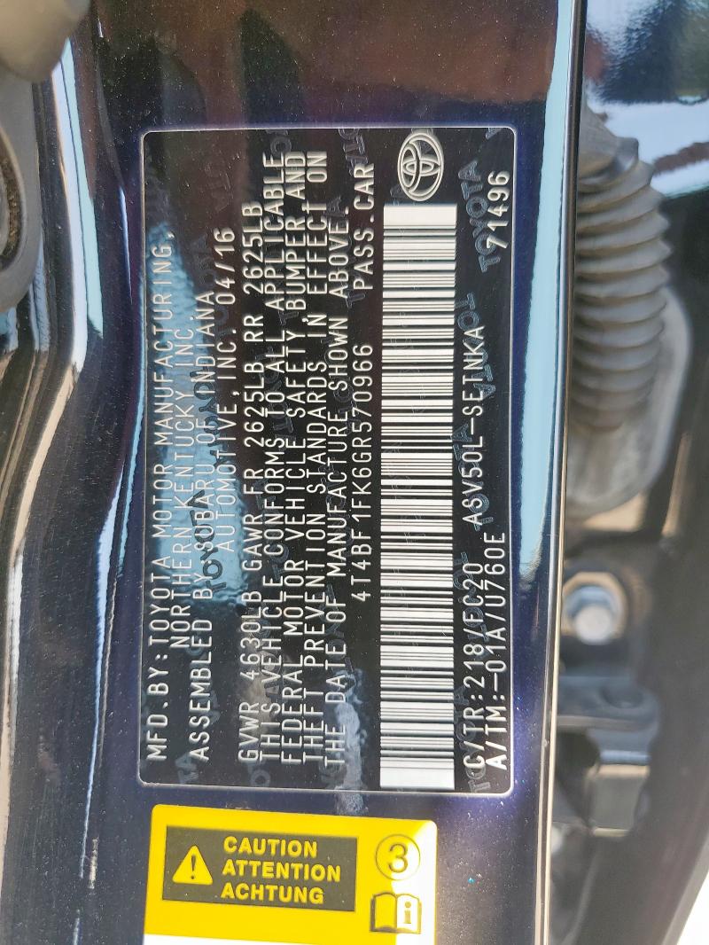 4T4BF1FK6GR570966 - 2016 TOYOTA CAMRY LE Negro foto 13