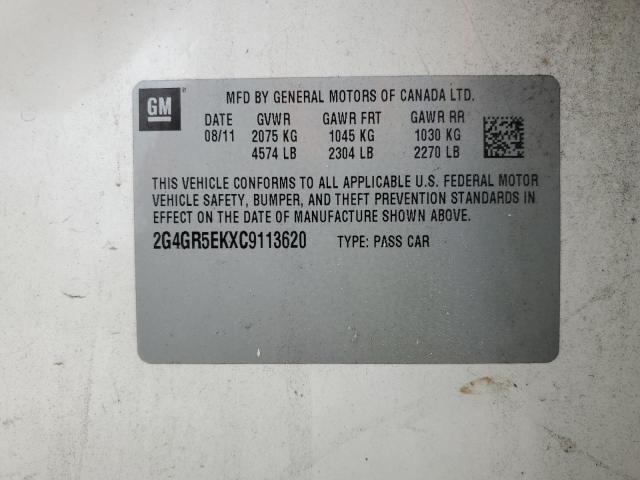 2G4GR5EKXC9113620 - 2012 BUICK REGAL WHITE photo 12