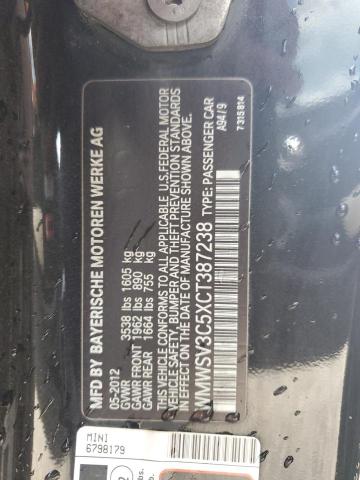 WMWSV3C5XCT387238 - 2012 MINI COOPER S BLACK photo 13