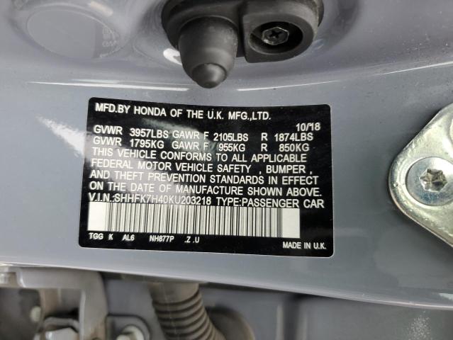 SHHFK7H40KU203218 - 2019 HONDA CIVIC SPORT ნაცრისფერი ფოტო 12