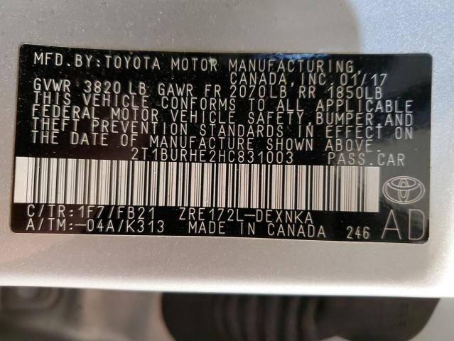 2T1BURHE2HC831003 - 2017 TOYOTA COROLLA L SILVER photo 13