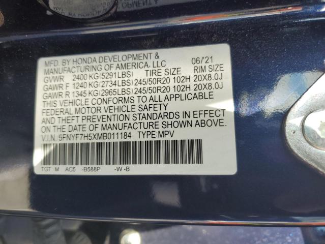 5FNYF7H5XMB011184 - 2021 HONDA PASSPORT EXL BLUE photo 12