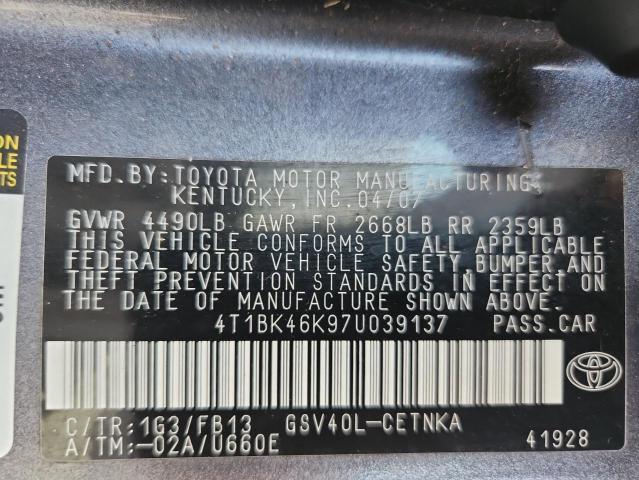 4T1BK46K97U039137 - 2007 TOYOTA CAMRY LE GRAY photo 12