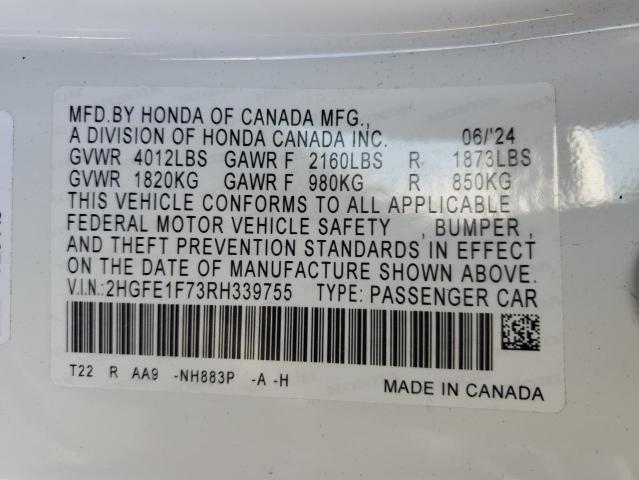 2HGFE1F73RH339755 - 2024 HONDA CIVIC EX WHITE photo 12