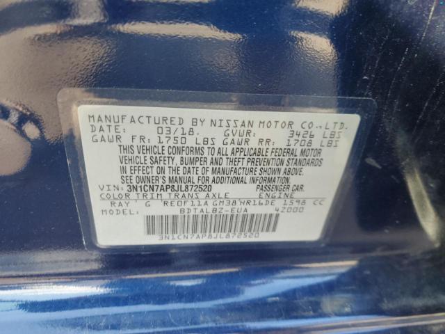 3N1CN7AP8JL872520 - 2018 NISSAN VERSA S 蓝色 照片 12