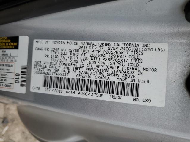 5TEUU42N57Z463137 - 2007 TOYOTA TACOMA ACCESS CAB Күміс фото 12