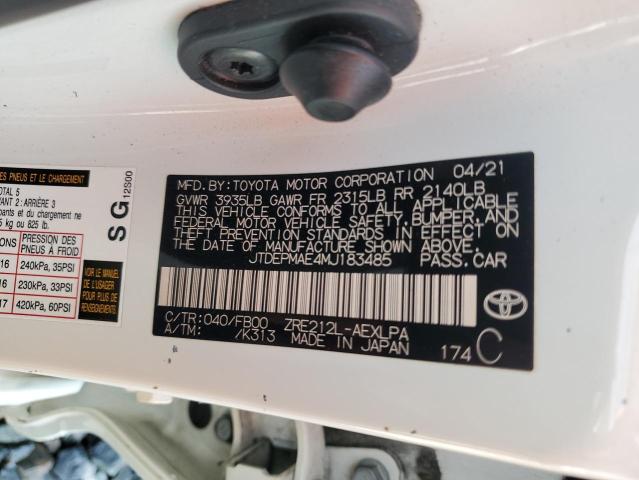 JTDEPMAE4MJ183485 - 2021 TOYOTA COROLLA LE WHITE photo 12