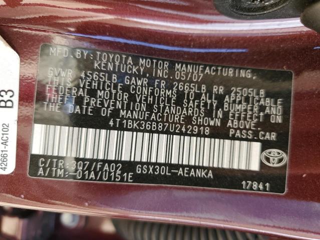 4T1BK36B87U242918 - 2007 TOYOTA AVALON XL 勃艮第红 照片 12