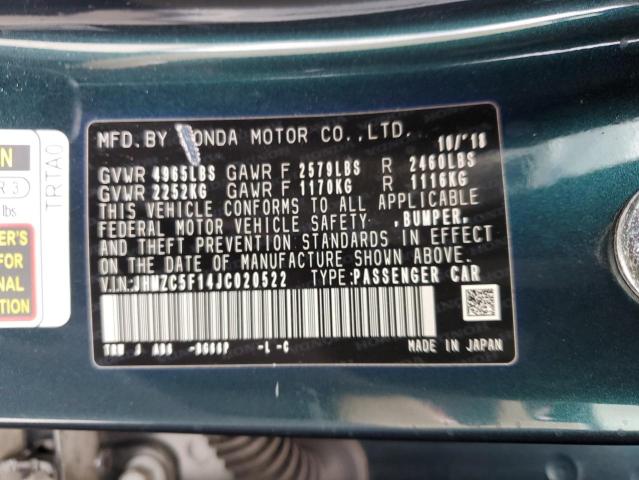 JHMZC5F14JC020522 - 2018 HONDA CLARITY BLUE photo 12