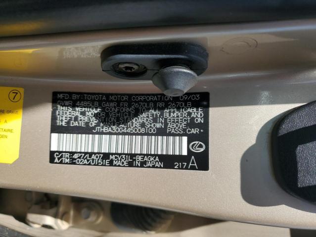 JTHBA30G445008100 - 2004 LEXUS ES 330 GOLD photo 12