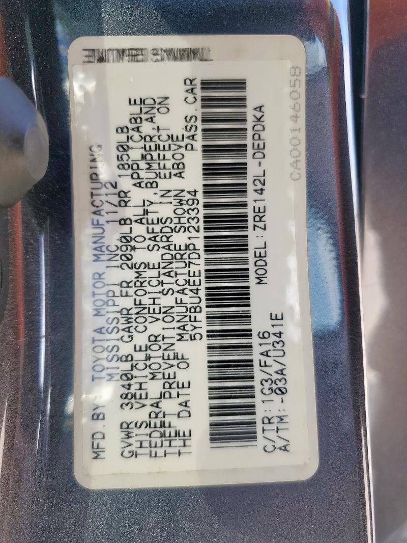 5YFBU4EE7DP123394 - 2013 TOYOTA COROLLA BASE GRAY photo 14