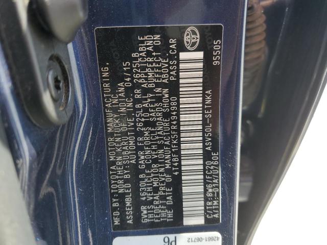 4T4BF1FK5FR494980 - 2015 TOYOTA CAMRY LE BLUE photo 12