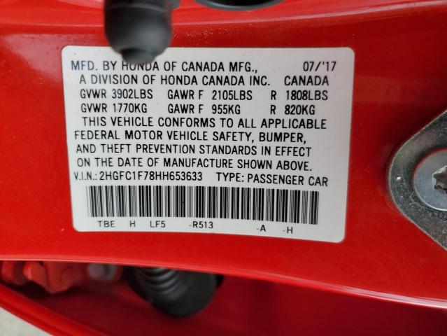 2HGFC1F78HH653633 - 2017 HONDA CIVIC EXL წითელი ფოტო 12