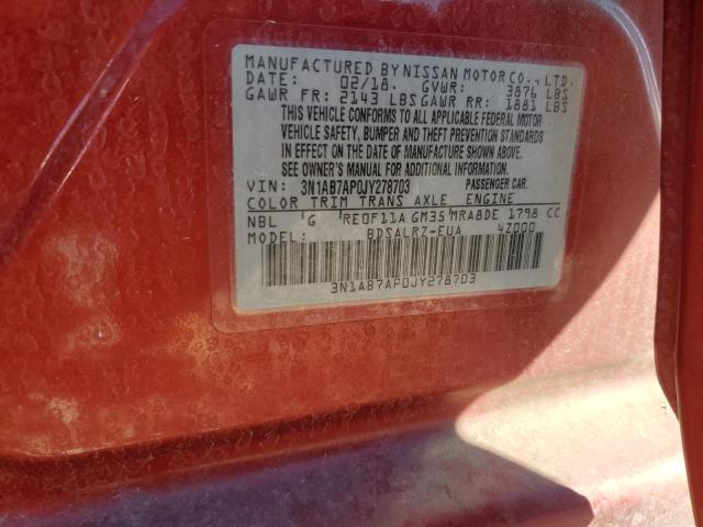 3N1AB7AP0JY278703 - 2018 NISSAN SENTRA S BURGUNDY photo 12