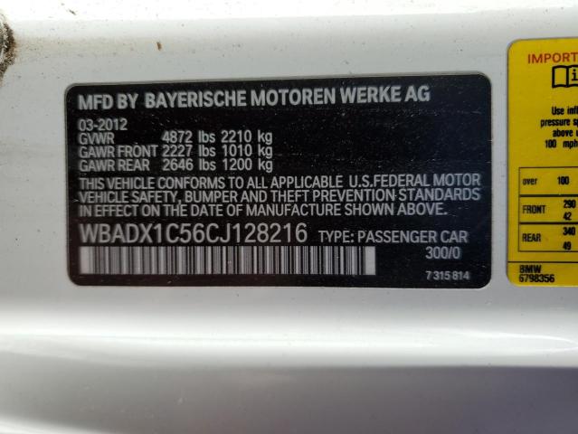 WBADX1C56CJ128216 - 2012 BMW 335 I SULEV WHITE photo 12