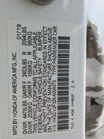 1HGCV2F32KA009373 - 2019 HONDA ACCORD SPORT WHITE photo 13
