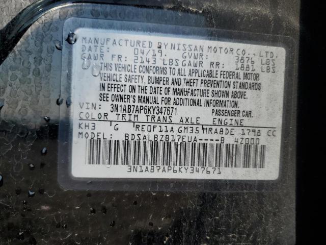 3N1AB7AP6KY347671 - 2019 NISSAN SENTRA S BLACK photo 12