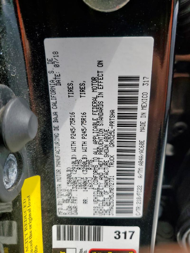 3TMAZ5CN5JM072731 - 2018 TOYOTA TACOMA DOUBLE CAB BLACK photo 12