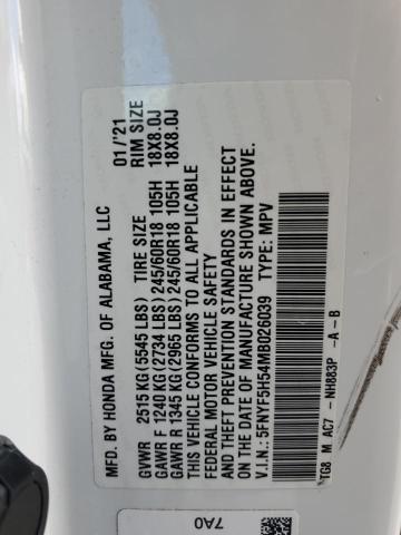 5FNYF5H54MB026039 - 2021 HONDA PILOT EXL WHITE photo 13