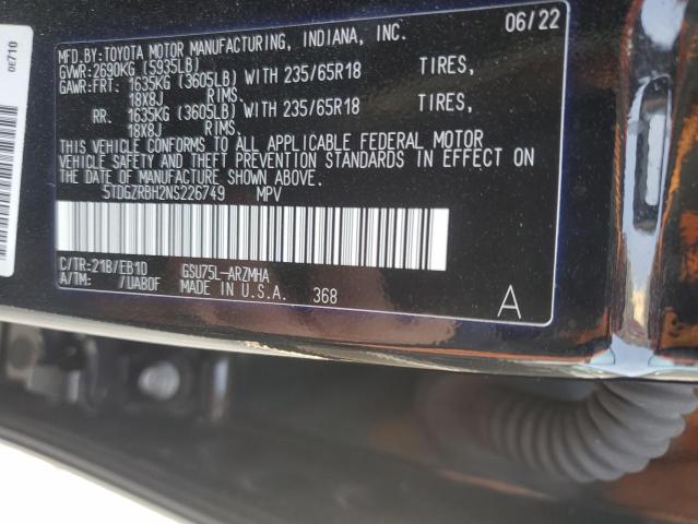 5TDGZRBH2NS226749 - 2022 TOYOTA HIGHLANDER XLE შავი ფოტო 13