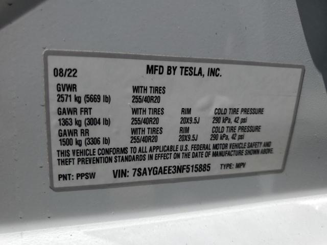7SAYGAEE3NF515885 - 2022 TESLA MODEL Y WHITE photo 12