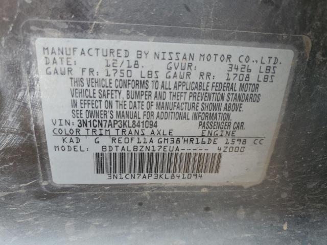 3N1CN7AP3KL841094 - 2019 NISSAN VERSA S 灰色 照片 12