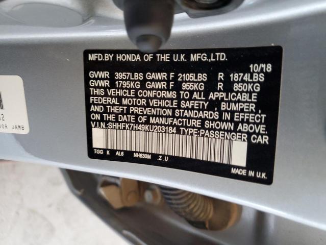 SHHFK7H49KU203184 - 2019 HONDA CIVIC SPORT SILVER photo 12