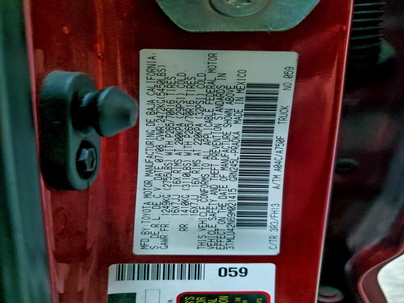 3TMLU42N69M021415 - 2009 TOYOTA TACOMA DOUBLE CAB Granate foto 12
