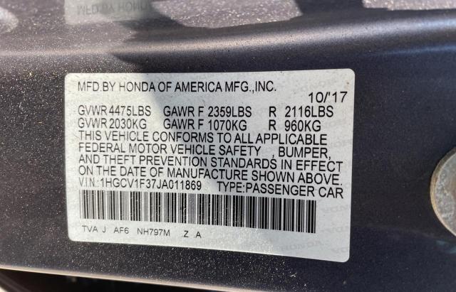 1HGCV1F37JA011869 - 2018 HONDA ACCORD SPORT GRAY photo 10