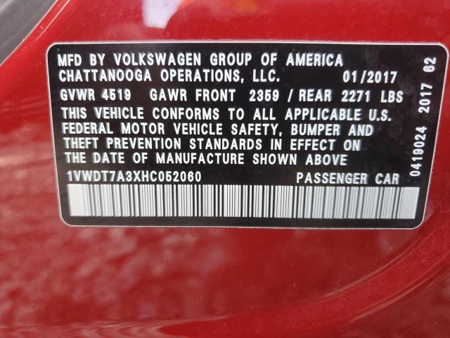 1VWDT7A3XHC052060 - 2017 VOLKSWAGEN PASSAT R-LINE Rouge photo 12