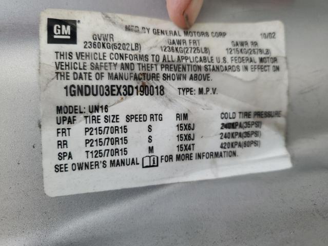 1GNDU03EX3D190018 - 2003 CHEVROLET VENTURE SILVER photo 14