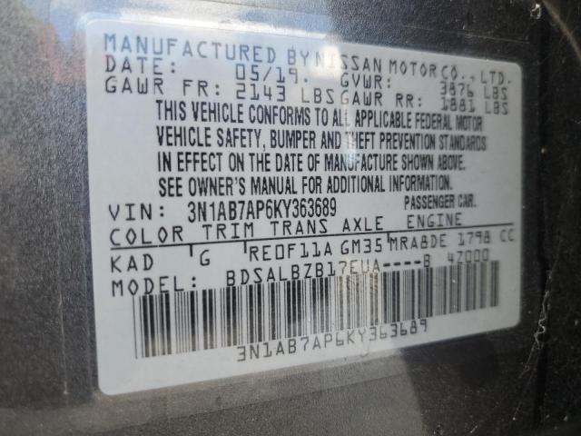 3N1AB7AP6KY363689 - 2019 NISSAN SENTRA S ნაცრისფერი ფოტო 12